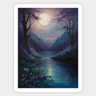 Moonlit Lake Surrounded by Blooming Trees and Mountain Range Sticker